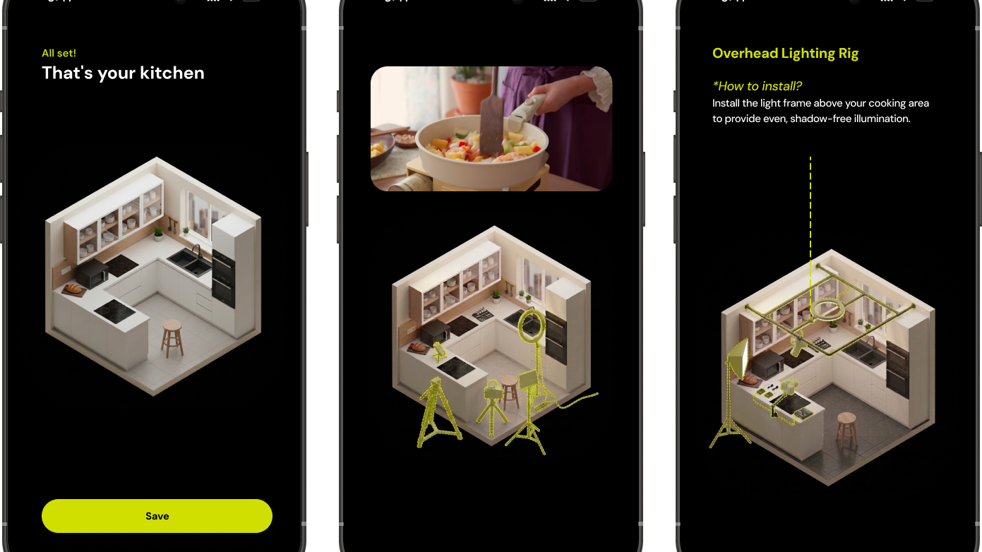 Mobile interface that guides chefs in setting up their recording devices. A 3-D model of their kitchen appears with suggestions of placement for the devices.