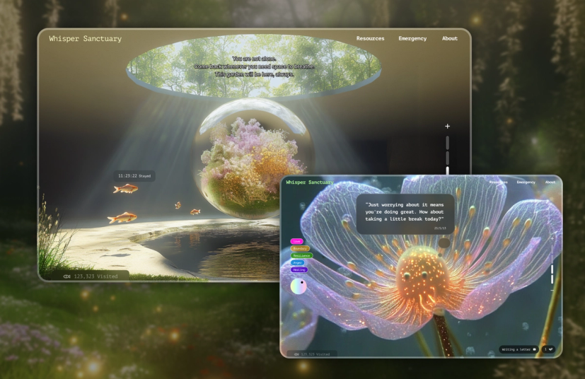 Conceptual website designs for Whisper Sanctuary, an immersive digital wellness experience featuring serene nature imagery, reflective prompts, and interactive healing spaces.