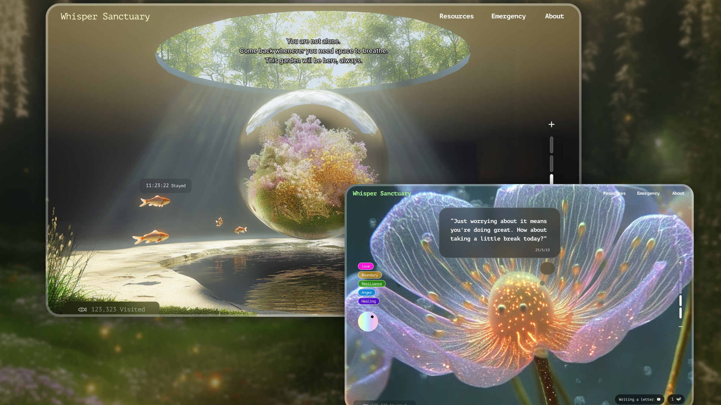 Conceptual website designs for Whisper Sanctuary, an immersive digital wellness experience featuring serene nature imagery, reflective prompts, and interactive healing spaces.