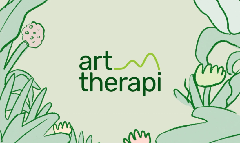 Graphic with text 'art therapi' on a light green background, with illustrated lily pads and flowers. 