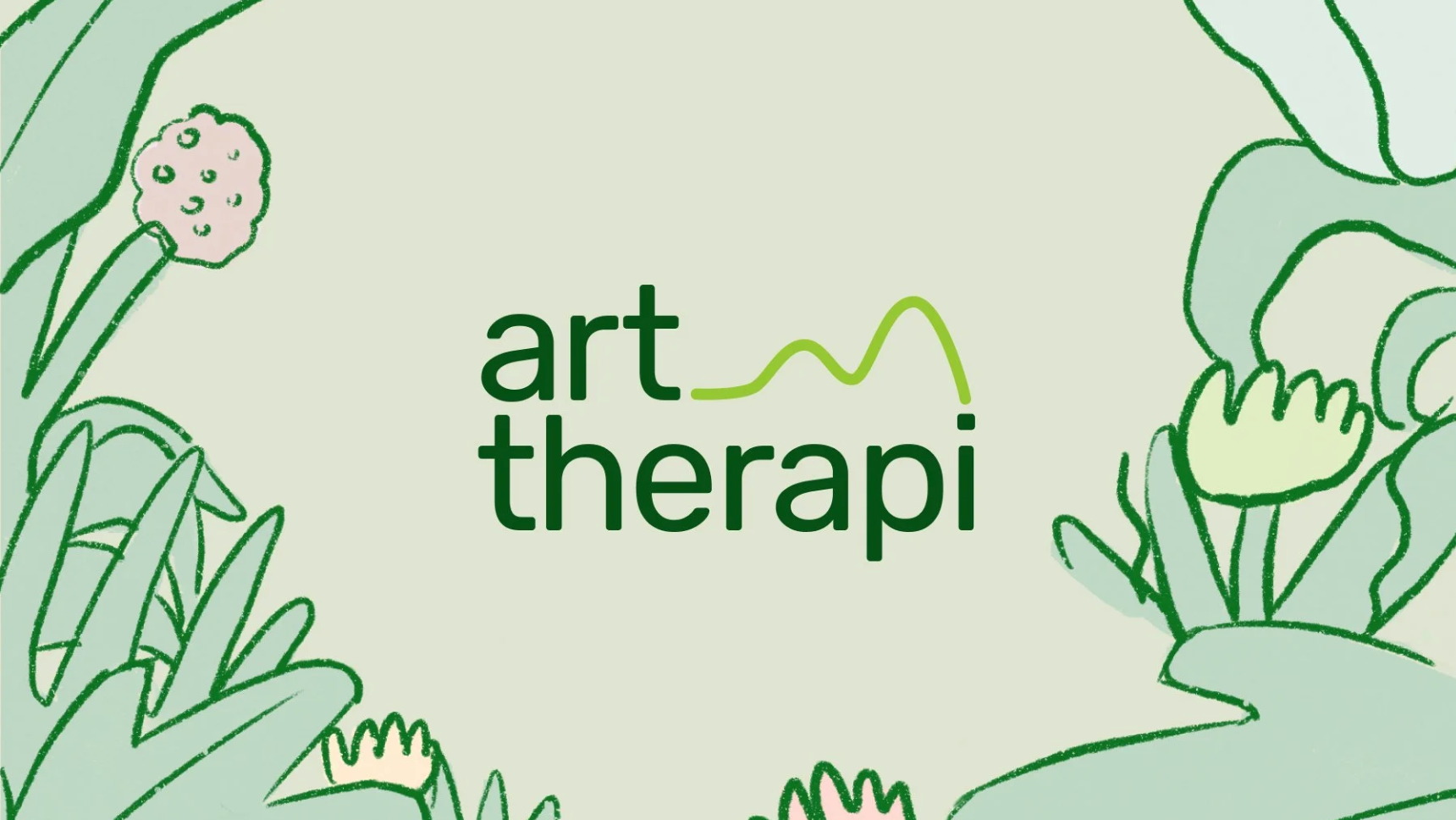 Graphic with text 'art therapi' on a light green background, with illustrated lily pads and flowers.