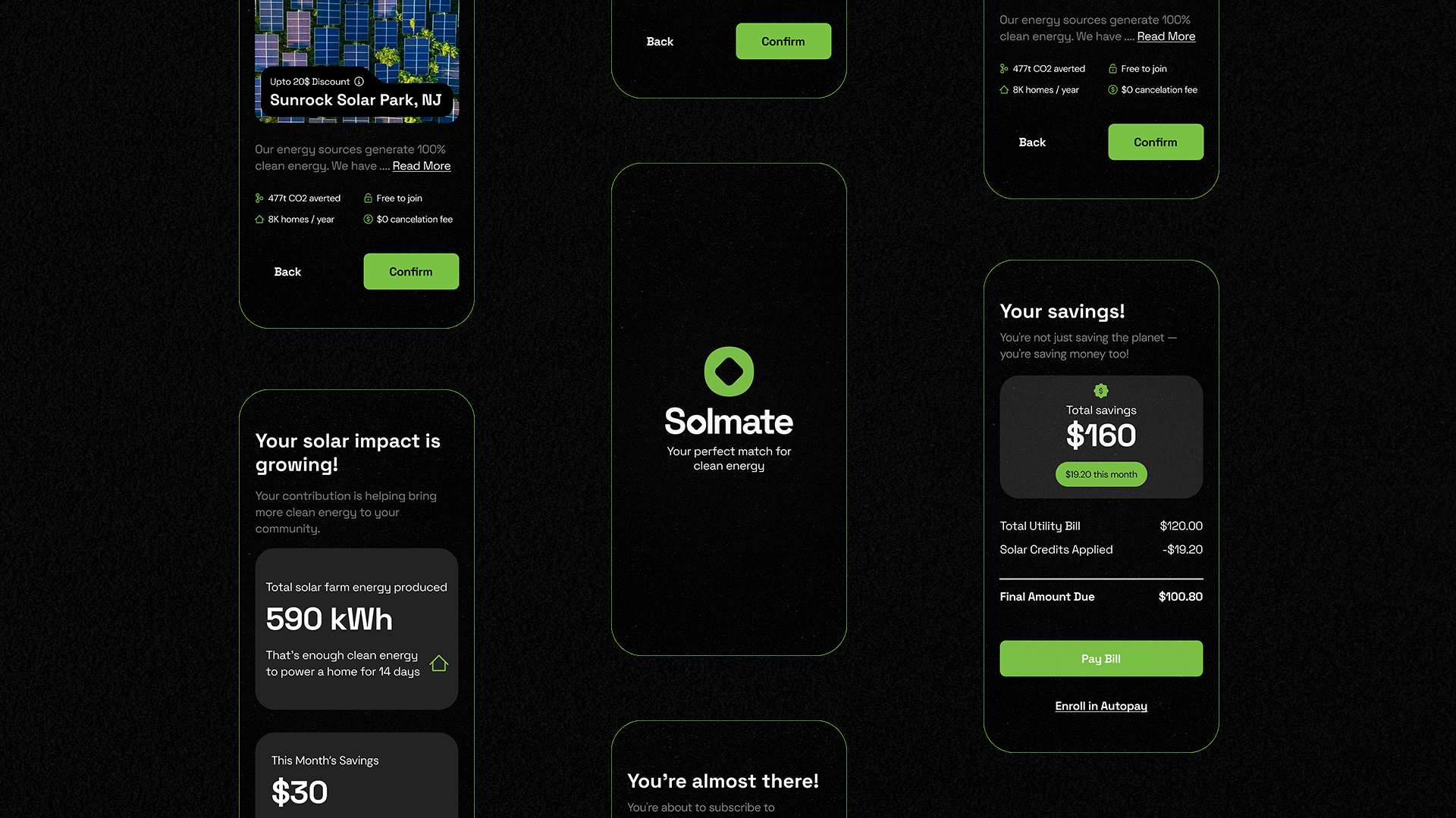 Mobile app interface designs for Solmate, a clean energy subscription platform. Dark-themed screens with bright green accents show solar farm enrollment, energy impact metrics, savings tracking, billing details, and confirmation flows.
