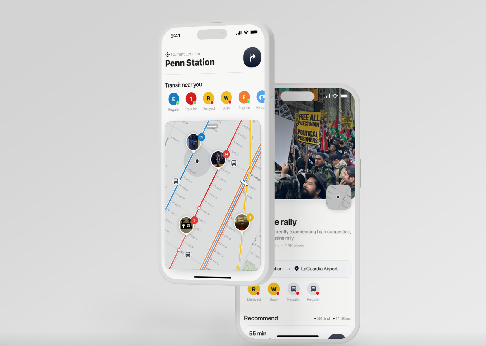 Mobile transit app mockups displaying real-time subway conditions, a map centered on Penn Station, and community-reported transit updates.