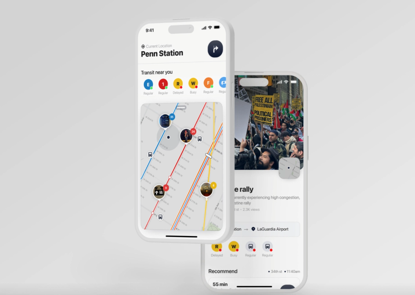 Mobile transit app mockups displaying real-time subway conditions, a map centered on Penn Station, and community-reported transit updates.