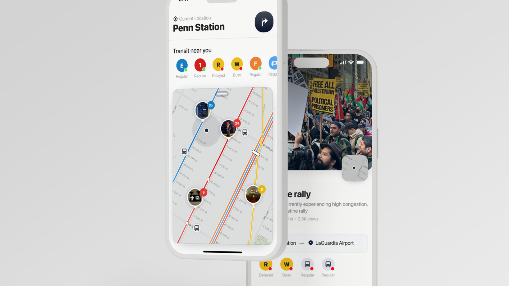 Mobile transit app mockups displaying real-time subway conditions, a map centered on Penn Station, and community-reported transit updates.