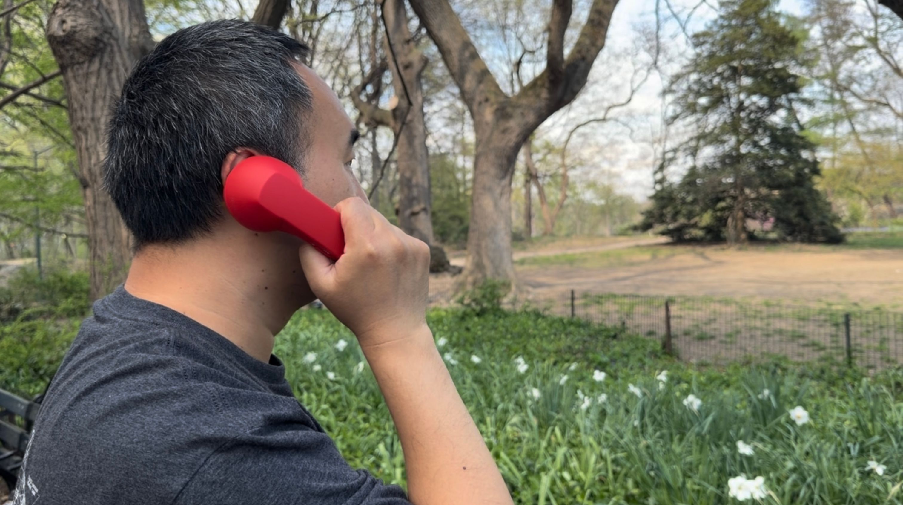 Man speaking on a red telephone, standing in a city park surrounded by flowers and trees.