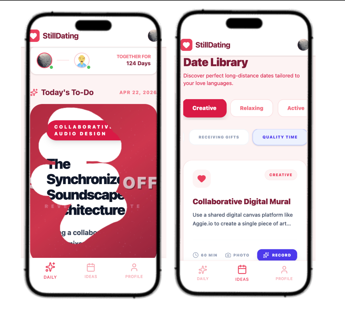 Mobile interface for long-distance couple app StillDating. Pinks and reds and a fun and playful look overall. 