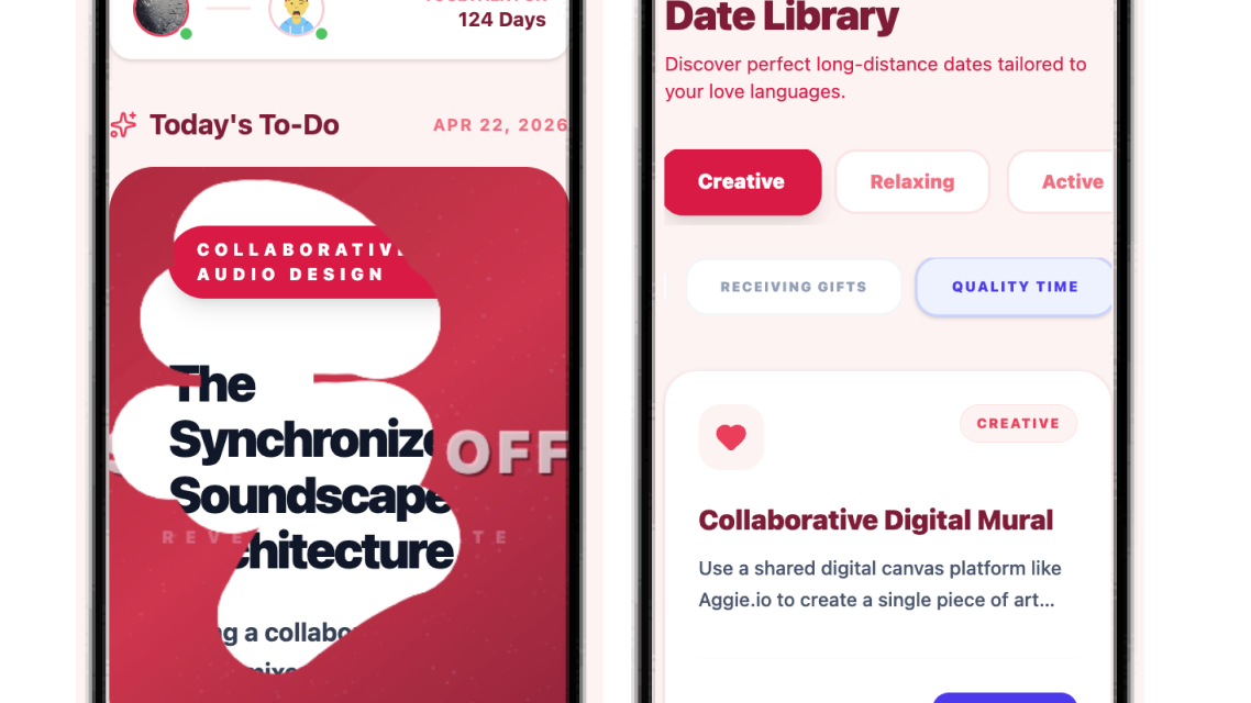 Mobile interface for long-distance couple app StillDating. Pinks and reds and a fun and playful look overall.