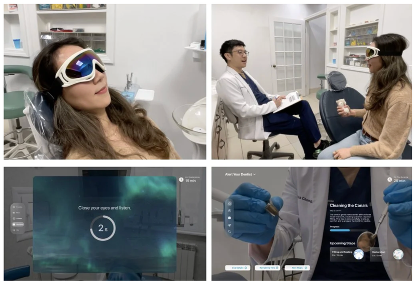 A four-image collage presents a dental care experience enhanced by immersive technology. The top-left image shows a patient reclining in a dental chair while wearing visor-style goggles. The top-right image shows a dentist consulting with the patient, who is still wearing the device. The bottom-left image displays a calming digital interface with the instruction “Close your eyes and listen” and a countdown timer, suggesting a guided relaxation exercise. The bottom-right image shows a treatment guidance interface overlaid on a dental procedure, explaining the current step, progress, and upcoming stages of care. Together, the images illustrate a patient-centered system designed to reduce dental anxiety, improve communication, and provide greater transparency throughout treatment.