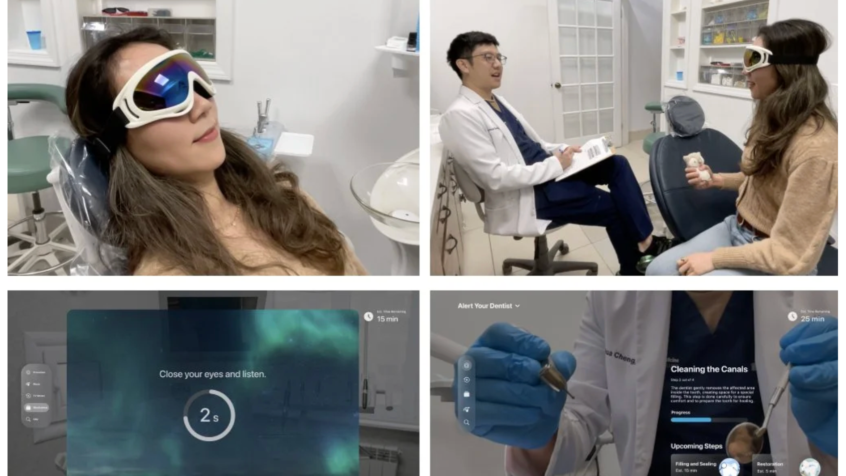 A four-image collage presents a dental care experience enhanced by immersive technology. The top-left image shows a patient reclining in a dental chair while wearing visor-style goggles. The top-right image shows a dentist consulting with the patient, who is still wearing the device. The bottom-left image displays a calming digital interface with the instruction “Close your eyes and listen” and a countdown timer, suggesting a guided relaxation exercise. The bottom-right image shows a treatment guidance interface overlaid on a dental procedure, explaining the current step, progress, and upcoming stages of care. Together, the images illustrate a patient-centered system designed to reduce dental anxiety, improve communication, and provide greater transparency throughout treatment.