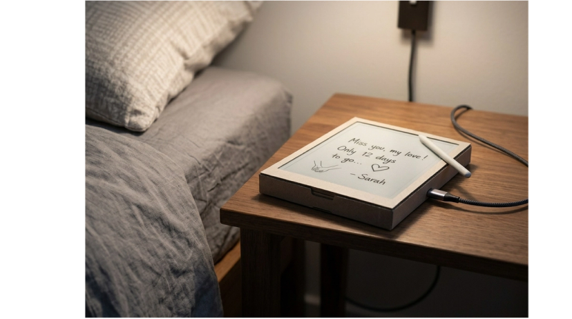 Image of a digital 'notepad' where long distance partners can write hand-written notes that appears on the other's screen. 