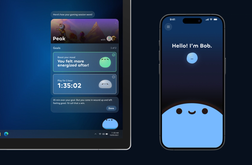 Bob shown on desktop and mobile. The desktop screen shows a post-gaming session recap with two goals. The mobile screen shows Bob introducing themself to a new user.