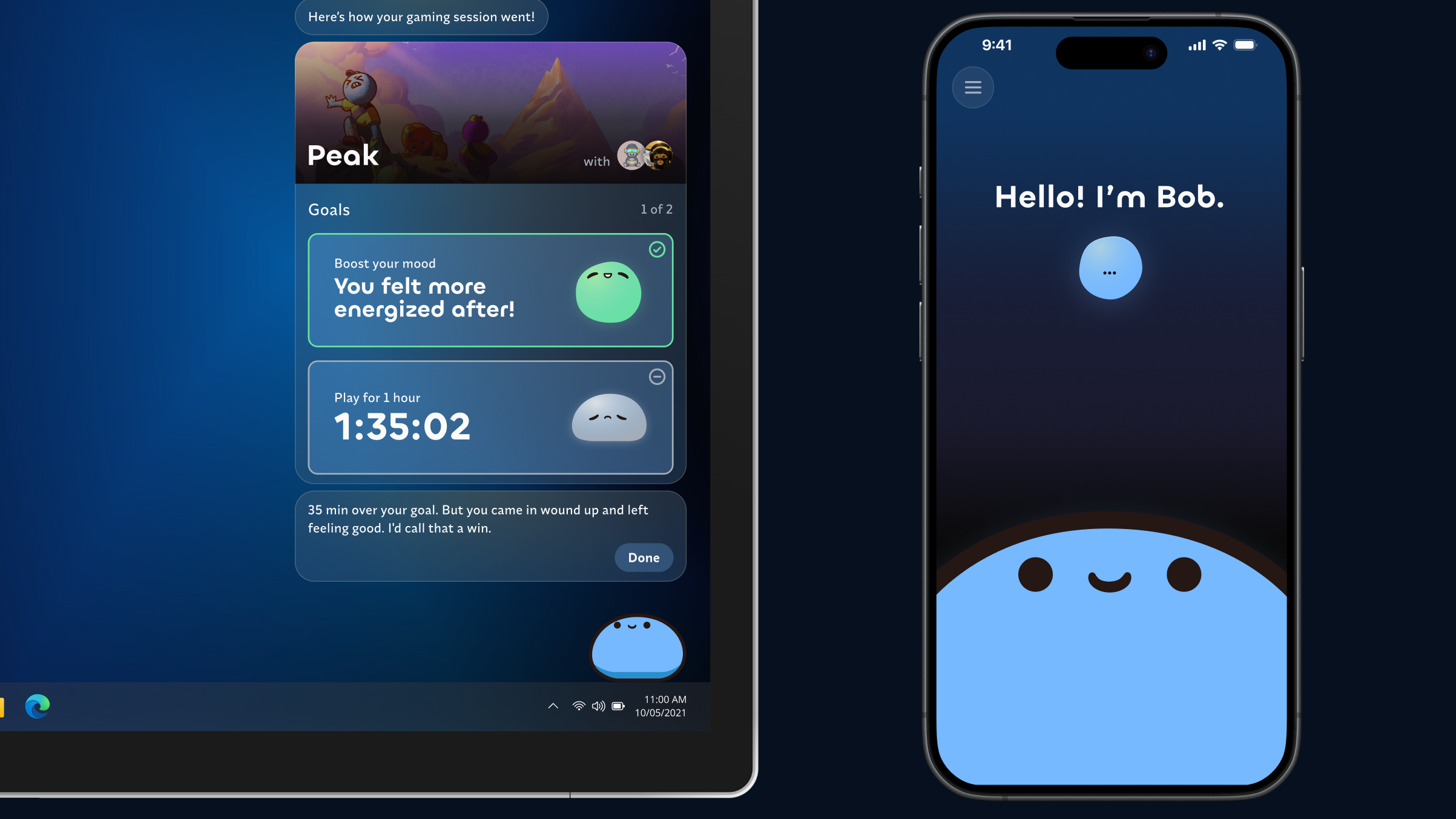 Bob shown on desktop and mobile. The desktop screen shows a post-gaming session recap with two goals. The mobile screen shows Bob introducing themself to a new user.
