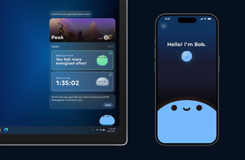 Bob shown on desktop and mobile. The desktop screen shows a post-gaming session recap with two goals. The mobile screen shows Bob introducing themself to a new user.