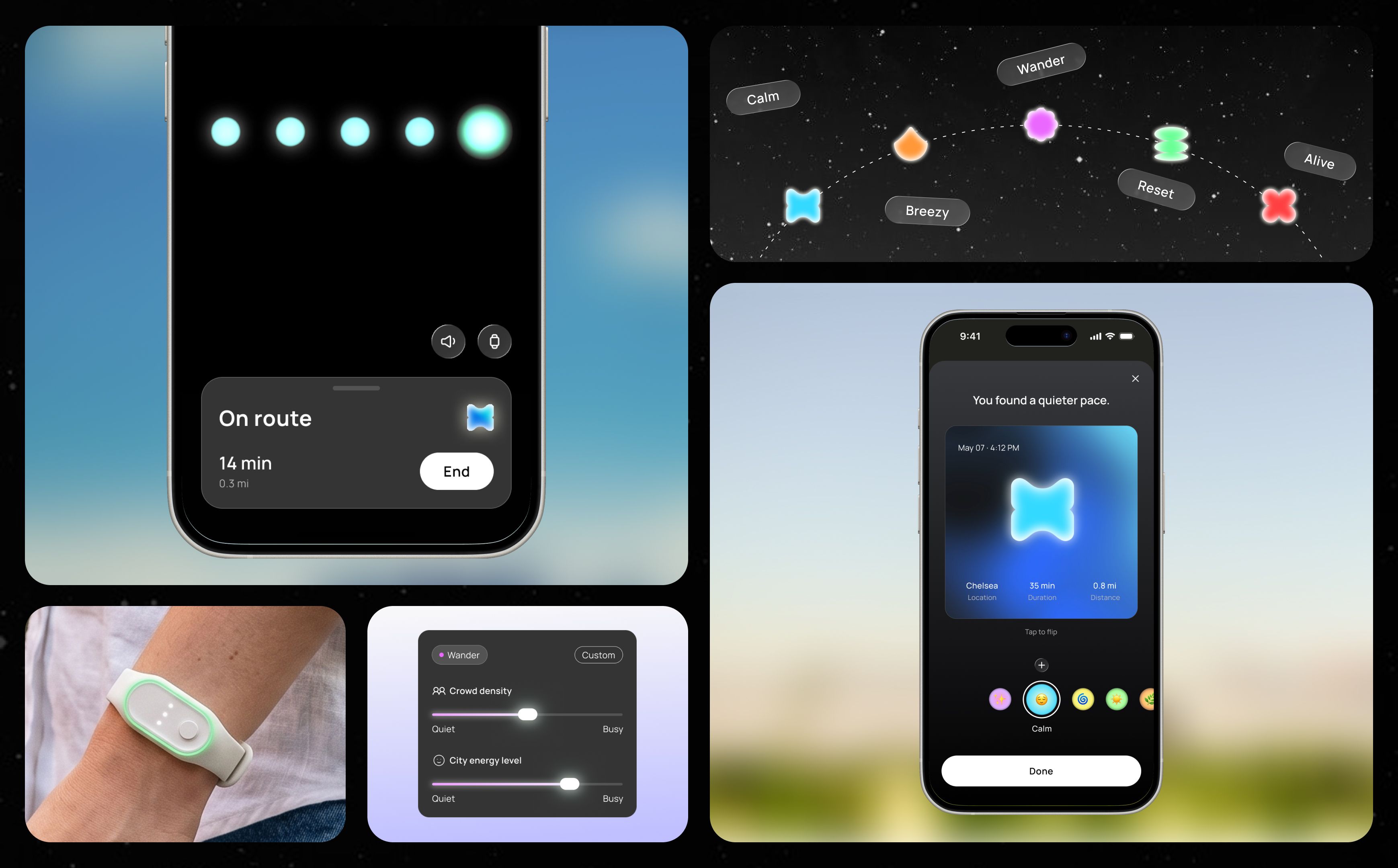 A collage of app interfaces and a wearable device designed to help users find calm walking routes and reflect on their emotional state through ambient visual feedback.