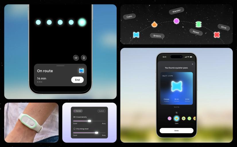 A collage of app interfaces and a wearable device designed to help users find calm walking routes and reflect on their emotional state through ambient visual feedback.