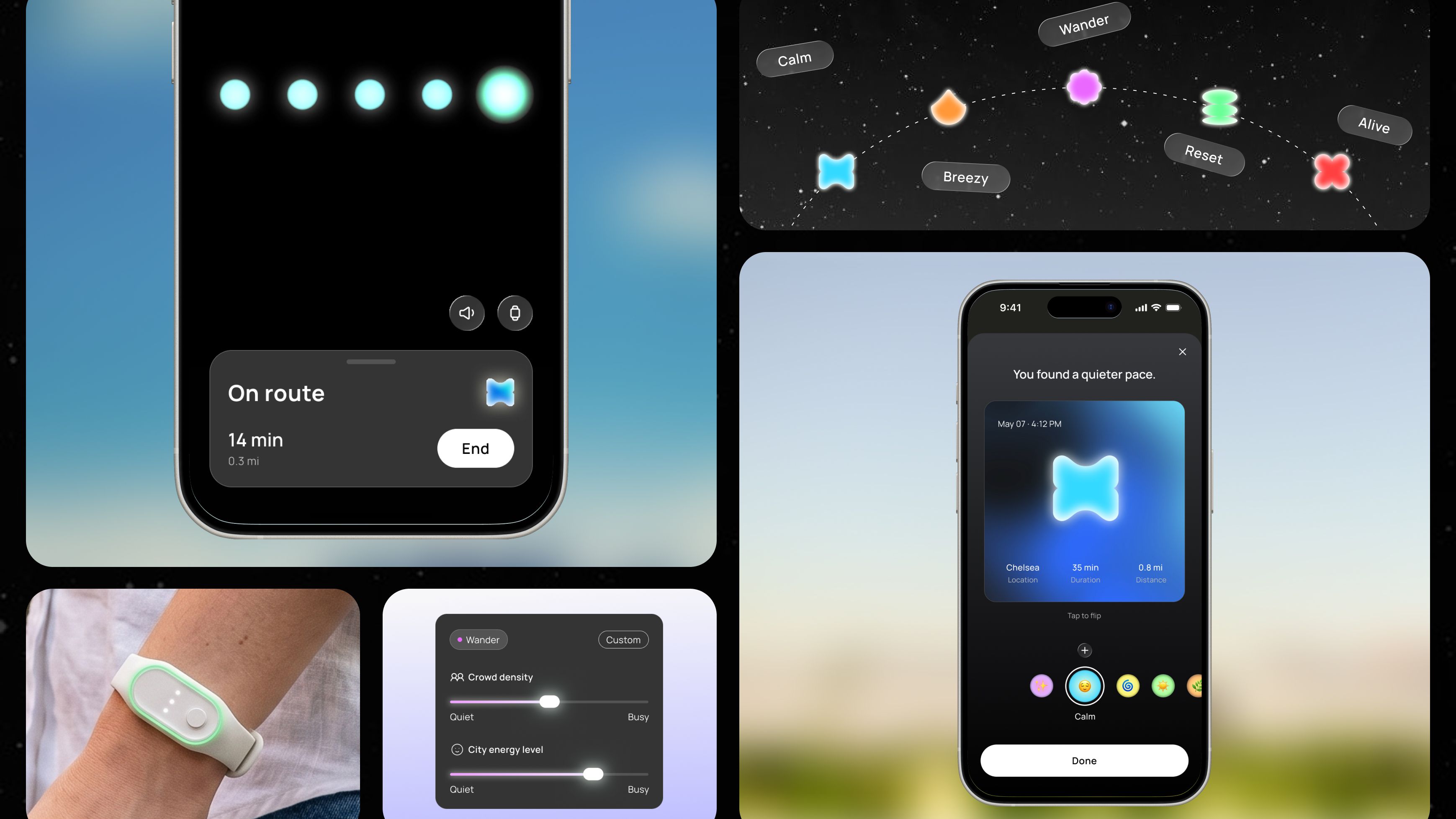 A collage of app interfaces and a wearable device designed to help users find calm walking routes and reflect on their emotional state through ambient visual feedback.
