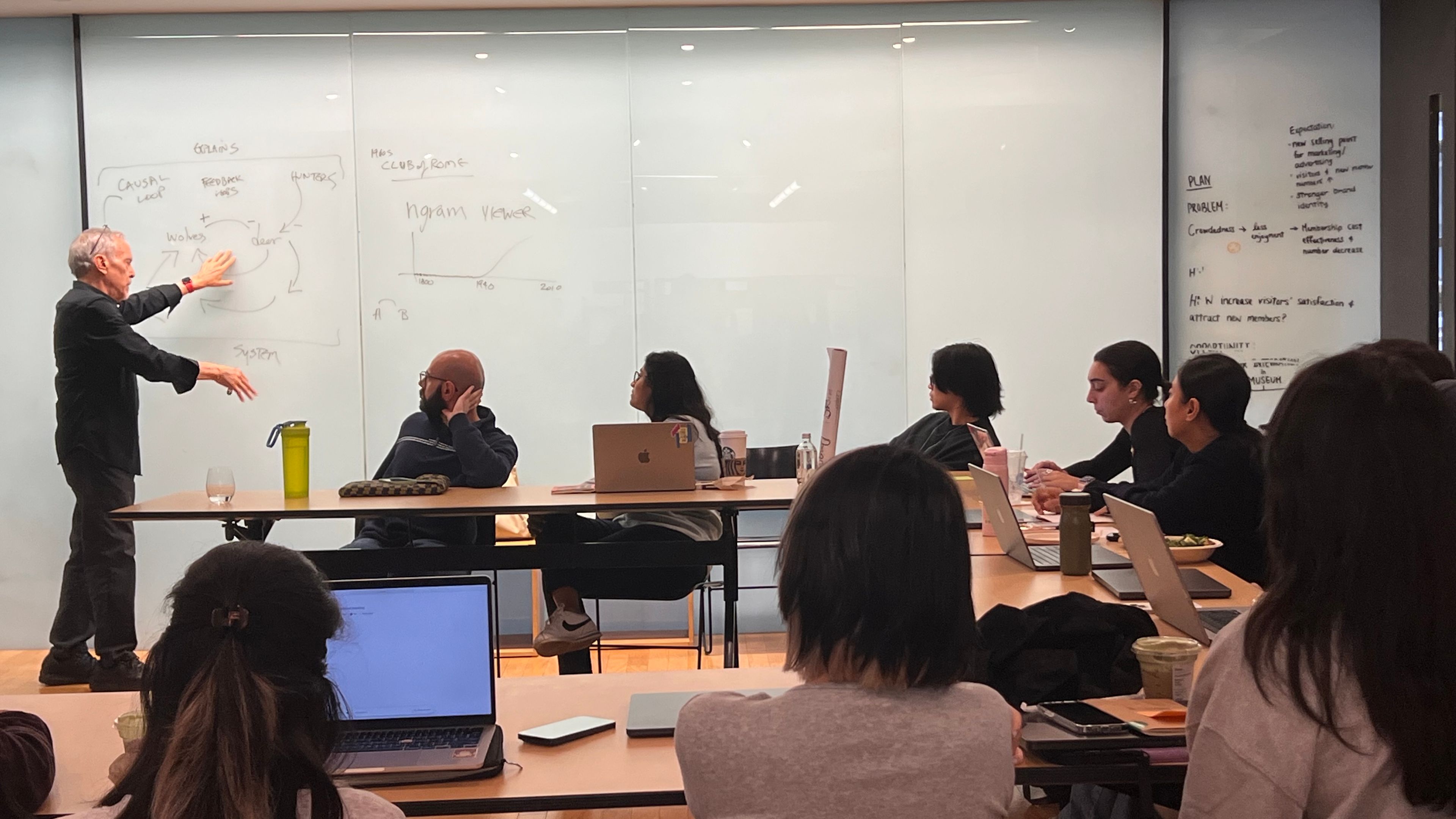 Guest lecture demonstrating concepts written on a whiteboard as students observe.