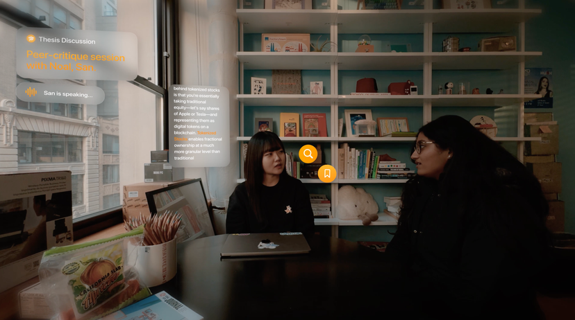 A text interface is overlaid on top of a mixed reality view of two students in conversation.