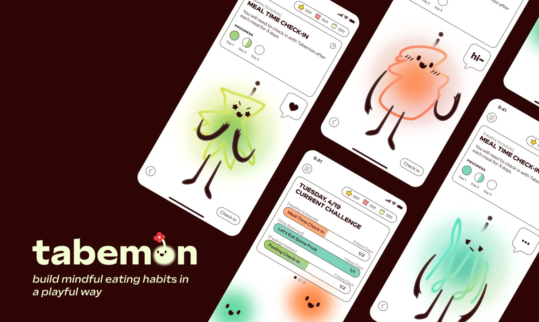 Promotional image for Tabemon: Build Mindful eating Habits in A Playful Way. Dark brown background. Various phones displaying cute illustrated characters that represent eating habits. 