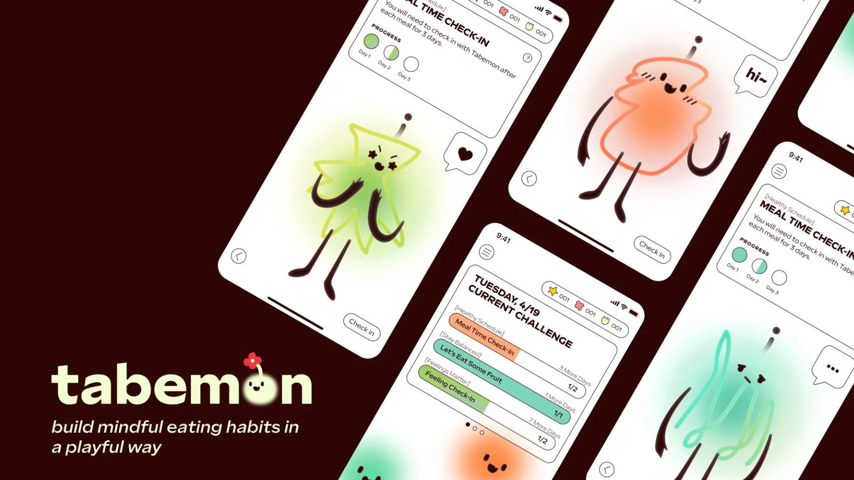 Promotional image for Tabemon: Build Mindful eating Habits in A Playful Way. Dark brown background. Various phones displaying cute illustrated characters that represent eating habits.
