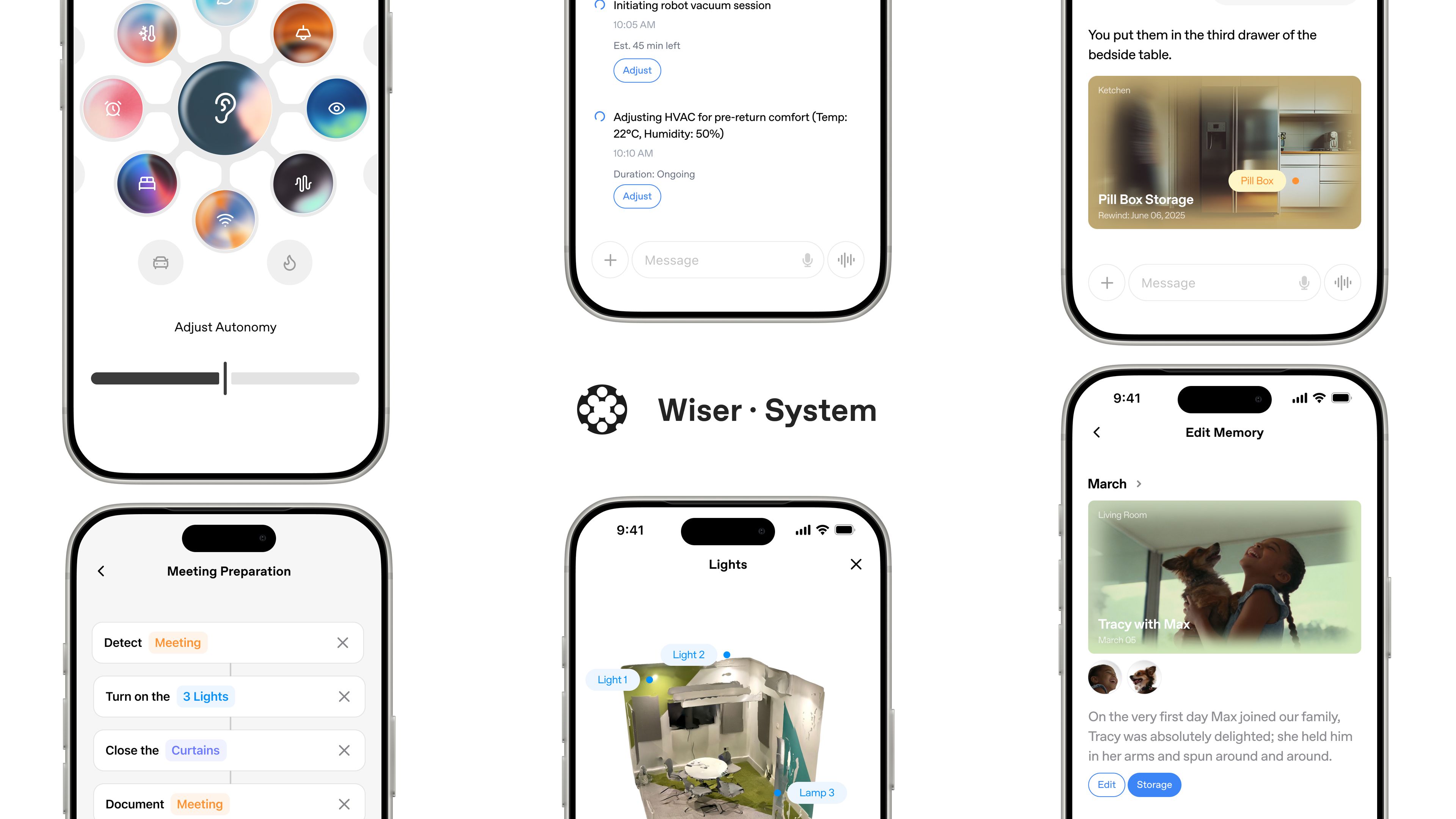 A graphic showing the mobile interface of the Wiser system. The interface is clean, white, and minimal.
