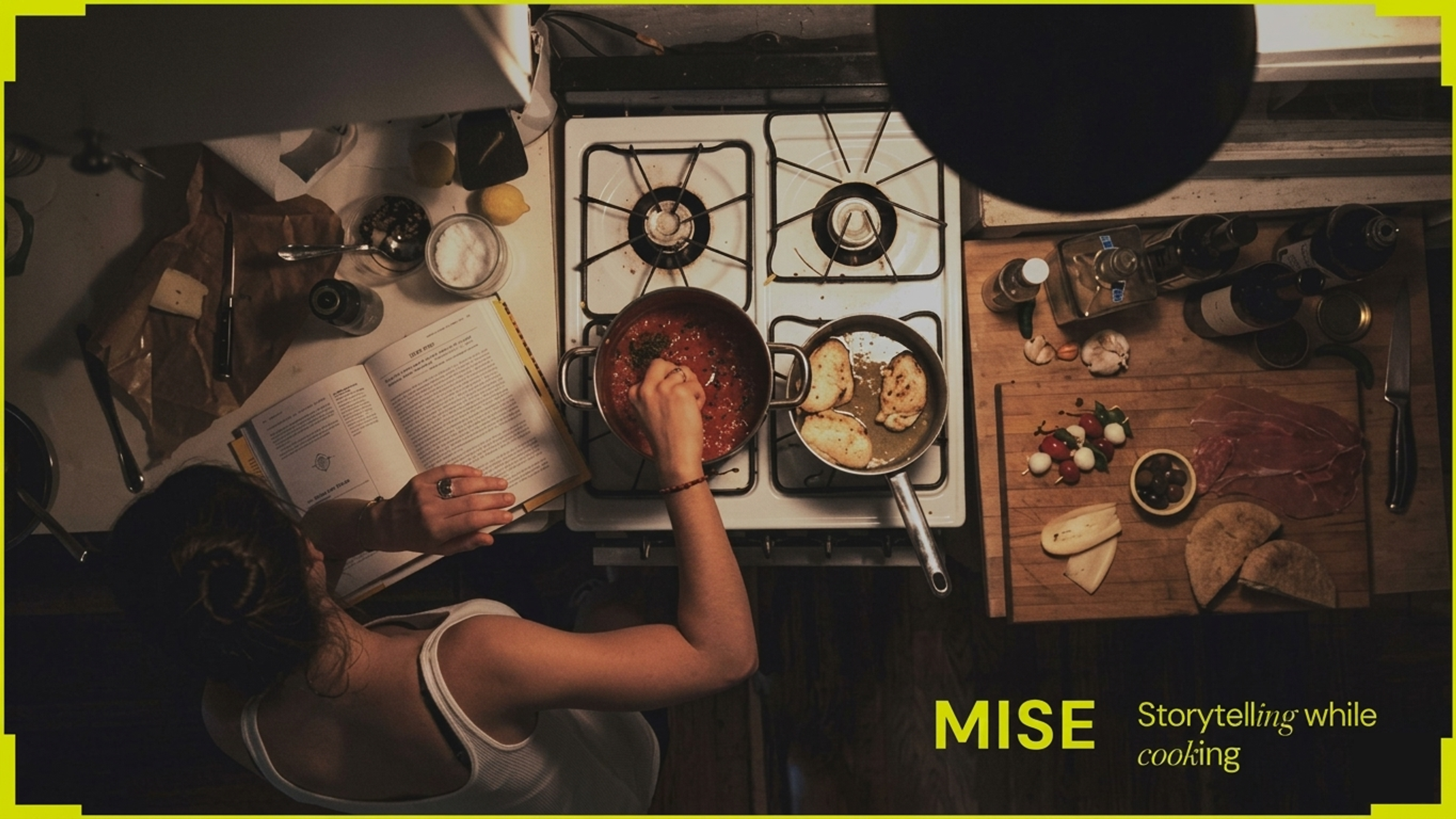 Image of a chef cooking, seen from above. Text on bottom right: MISE Storytelling while cooking
