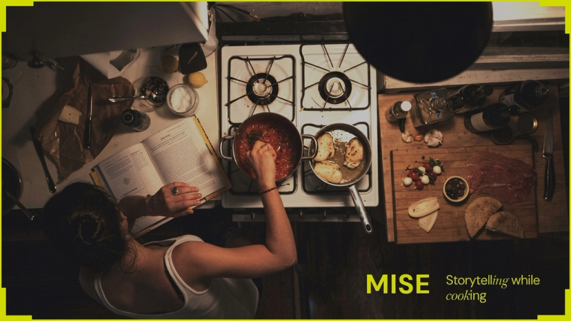 Image of a chef cooking, seen from above. Text on bottom right: MISE Storytelling while cooking