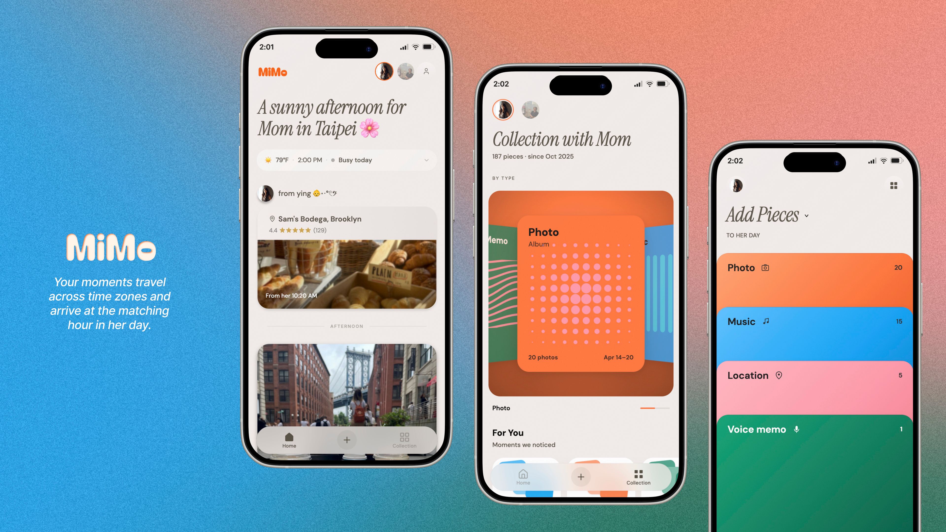 Mobile interface details of the MiMo app. A mother and child send photos back and forth in a colorful library organized by Photo, Music, Location, Voice Memo.