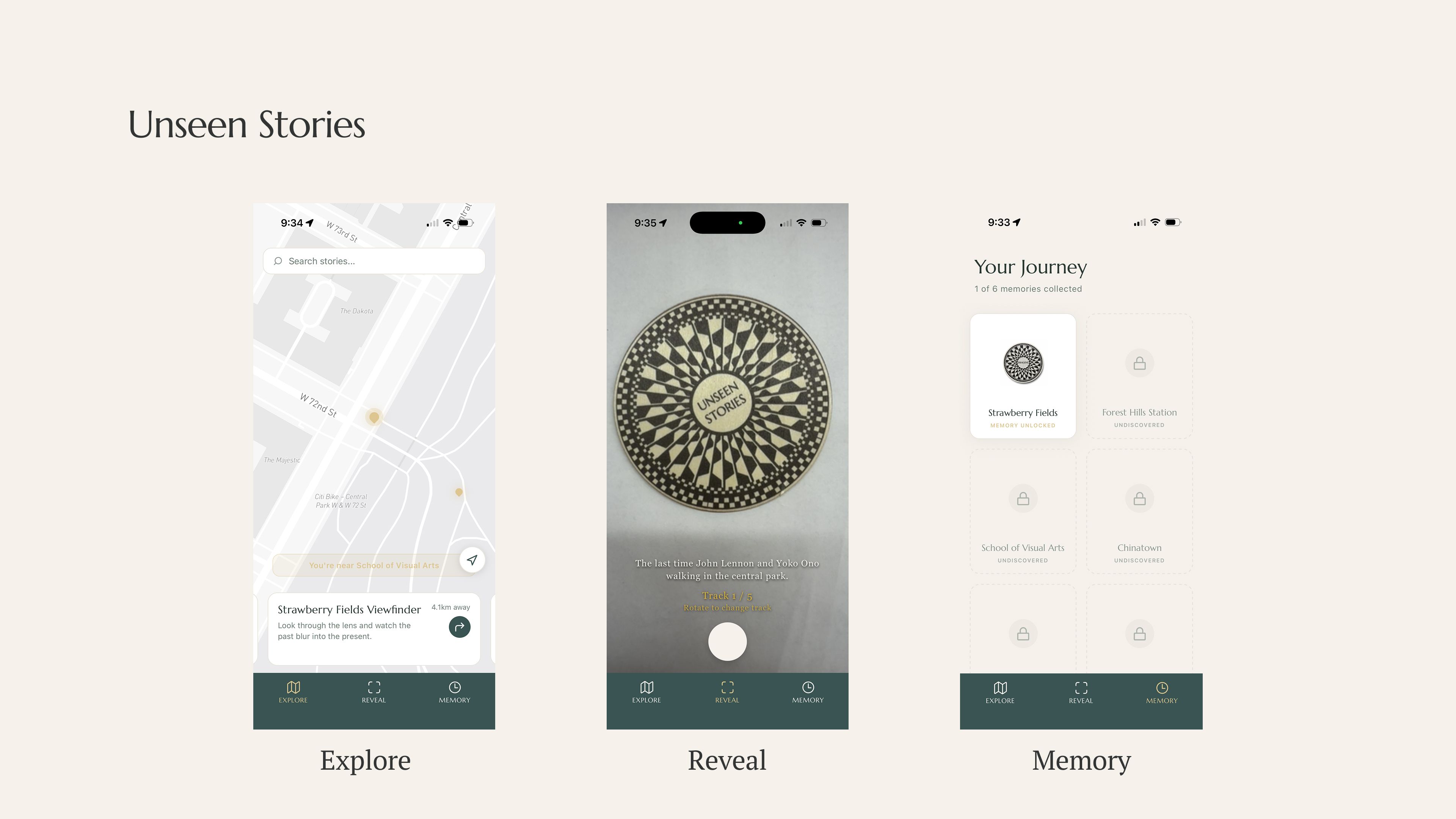 On a tan background are three mobile interfaces: one is a map with the title EXPLORE. The second is an intricate black and white symbol with the title REVEAL. The third is a screen with several saved locations including Strawberry Fields, NYC with the title MEMORY.