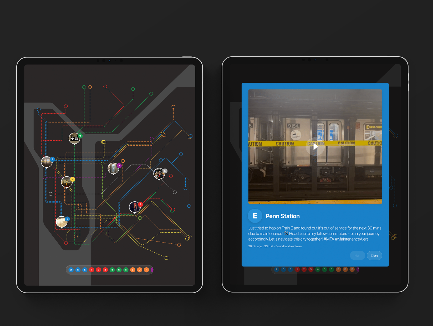 Two tablet screens display a transit information platform with a dark-themed interface. The left screen features an interactive subway map composed of multicolored transit lines, station markers, and user-generated reports distributed across the network. The right screen shows a detailed service alert card containing a photo of a subway train behind caution tape, reporting a temporary service disruption on the E line at Penn Station. Navigation controls and route indicators appear along the bottom of both screens, highlighting the app’s focus on real-time transit updates, community reporting, and commuter navigation.