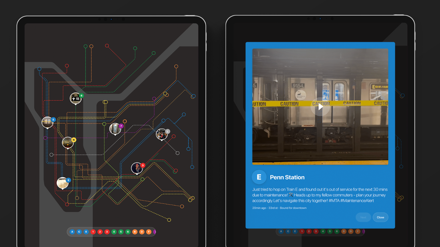 Two tablet screens display a transit information platform with a dark-themed interface. The left screen features an interactive subway map composed of multicolored transit lines, station markers, and user-generated reports distributed across the network. The right screen shows a detailed service alert card containing a photo of a subway train behind caution tape, reporting a temporary service disruption on the E line at Penn Station. Navigation controls and route indicators appear along the bottom of both screens, highlighting the app’s focus on real-time transit updates, community reporting, and commuter navigation.