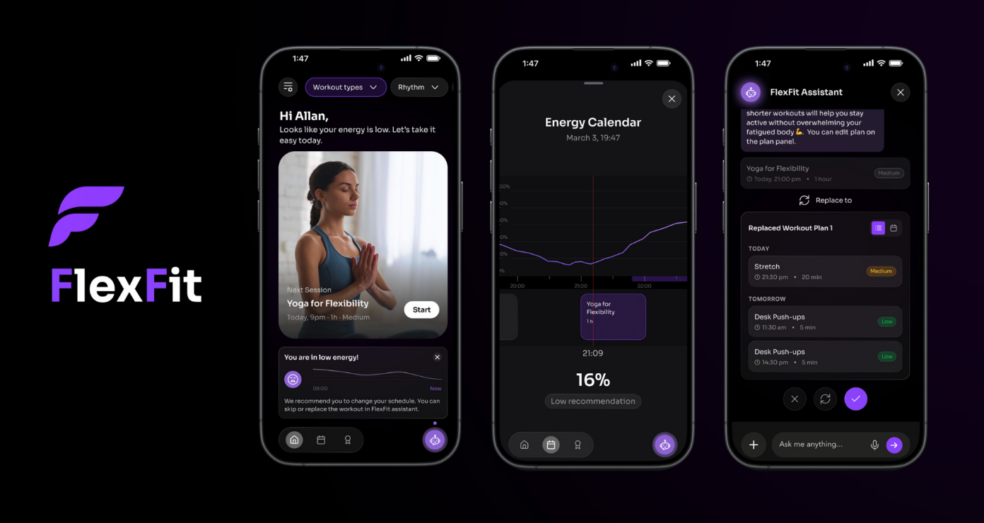 Black and purple graphic showing the mobile interface for FlexFit, which responds to user's feeling and provide a conversational interface to change their workout plans