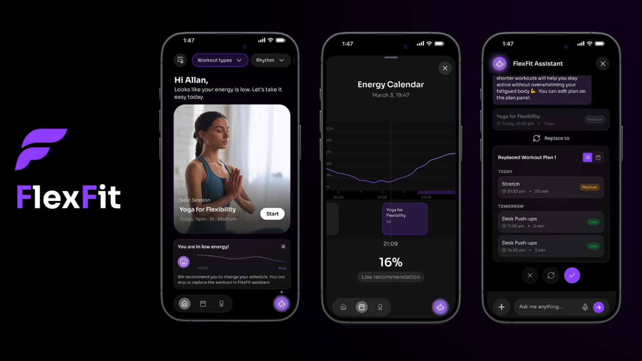 Black and purple graphic showing the mobile interface for FlexFit, which responds to user's feeling and provide a conversational interface to change their workout plans