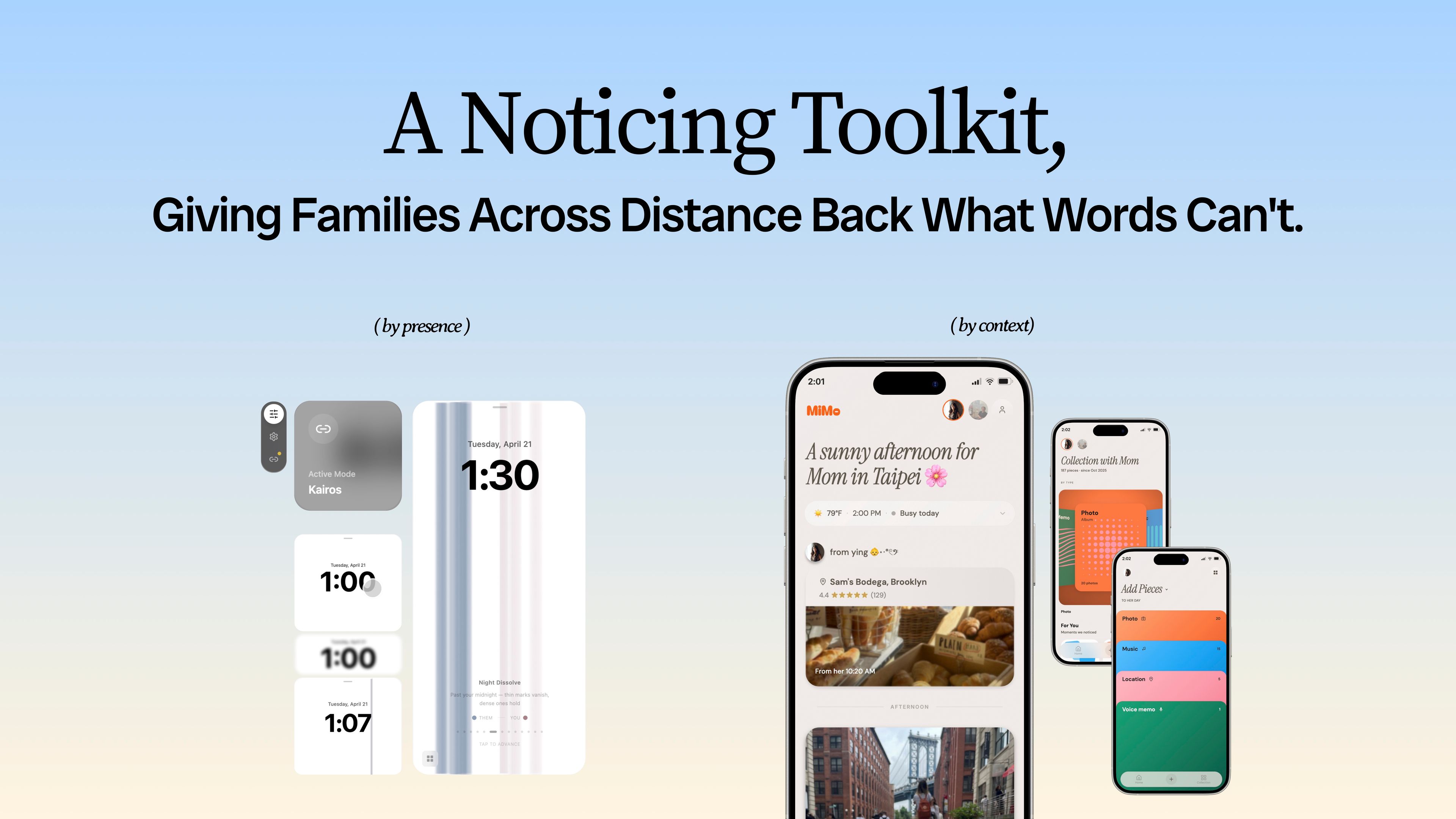 Graphic showing the mobile interfaces used in the MiMo toolkit; messages and images families are sending back and forth across time zones. Text: A Noticing Toolkit, Giving Families Across Distance Back What Words Can't.