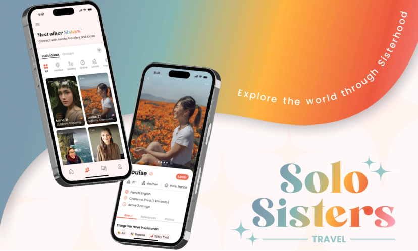 Promotional mockup for the Solo Sisters Travel mobile app, designed to connect solo women travelers with nearby locals and fellow travelers. Two smartphones are displayed at an angle against a soft blue, yellow, and orange gradient background. One screen shows a browse page with user profiles filtered by interests and proximity, while the other displays an individual profile featuring a traveler in a field of orange flowers, along with location, languages, and shared interests. Curved text reads, “Explore the world through Sisterhood,” and the colorful Solo Sisters Travel logo appears in the lower right.