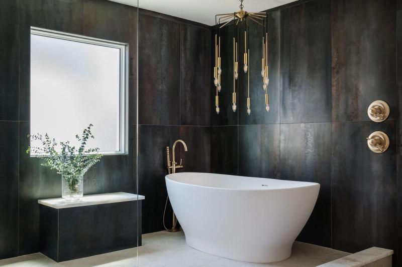 Modern Bathroom with Freestanding Tub and Dark Tile