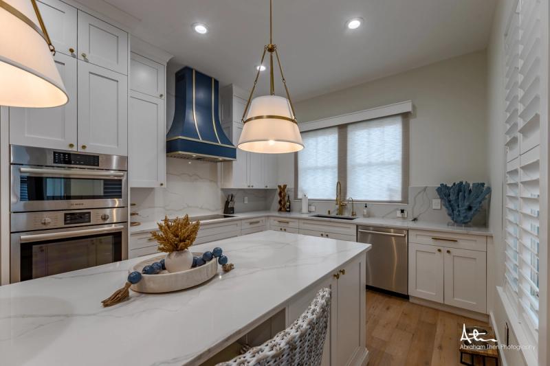 Coastal Kitchen Island with Blue Range Hood