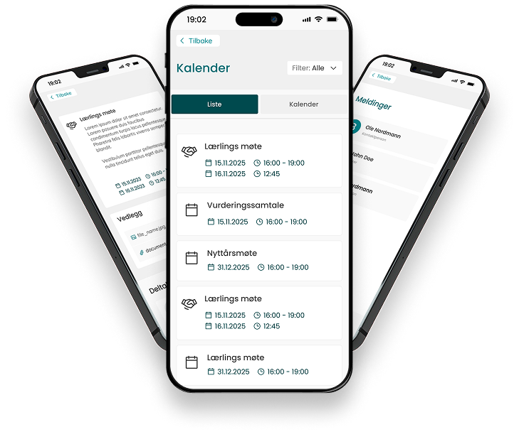 Mockup av tre telefoner med skjermbilde av Kompetanseboka