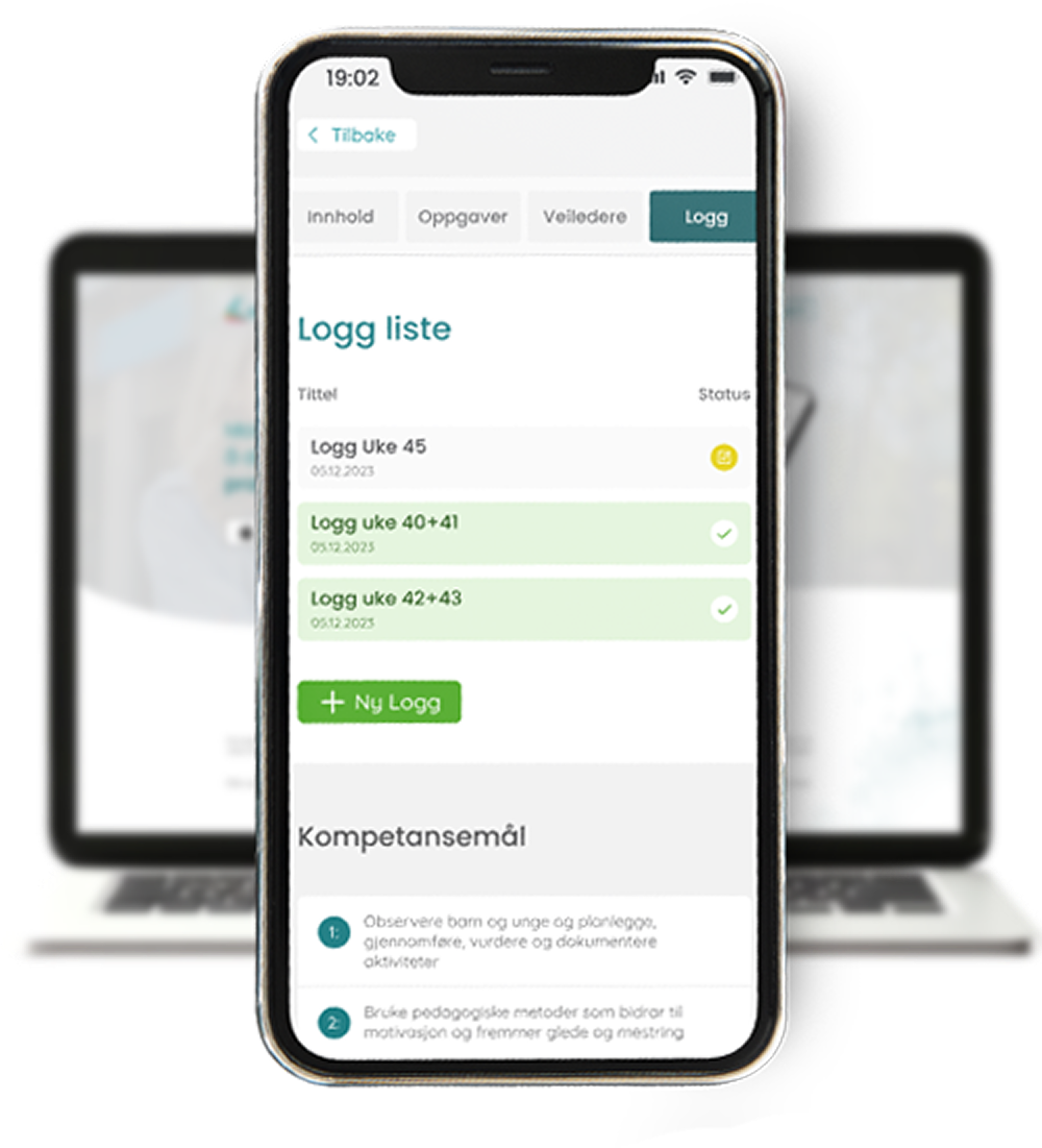 Mockup av en telefon foran en laptom med mockup av Kompetanseboka
