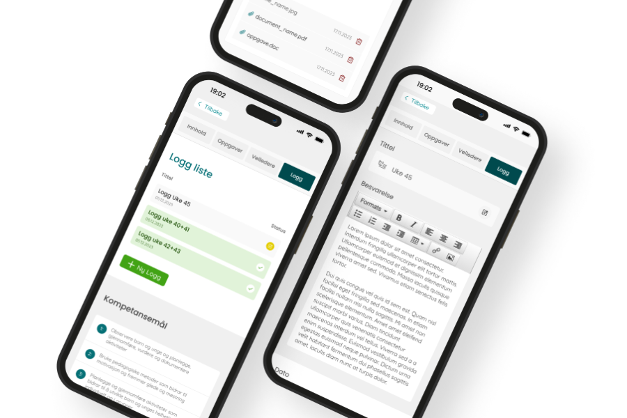 Mockup av tre telefoner med skjermbilder av appen