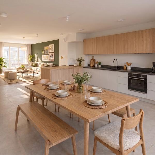 cuisine et salon commun en coliving à Poissy