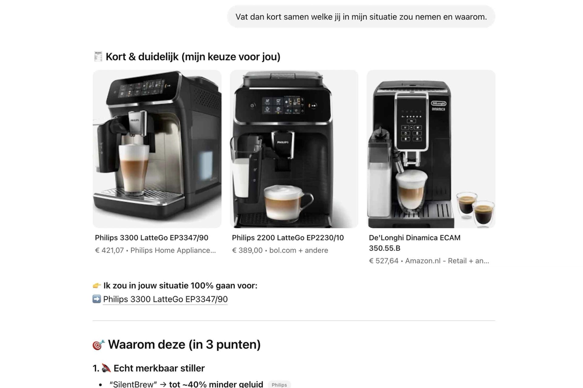 Screenshot van ChatGPT waarin meerdere afwegingen uiteindelijk worden samengevat in één duidelijke eindaanbeveling.