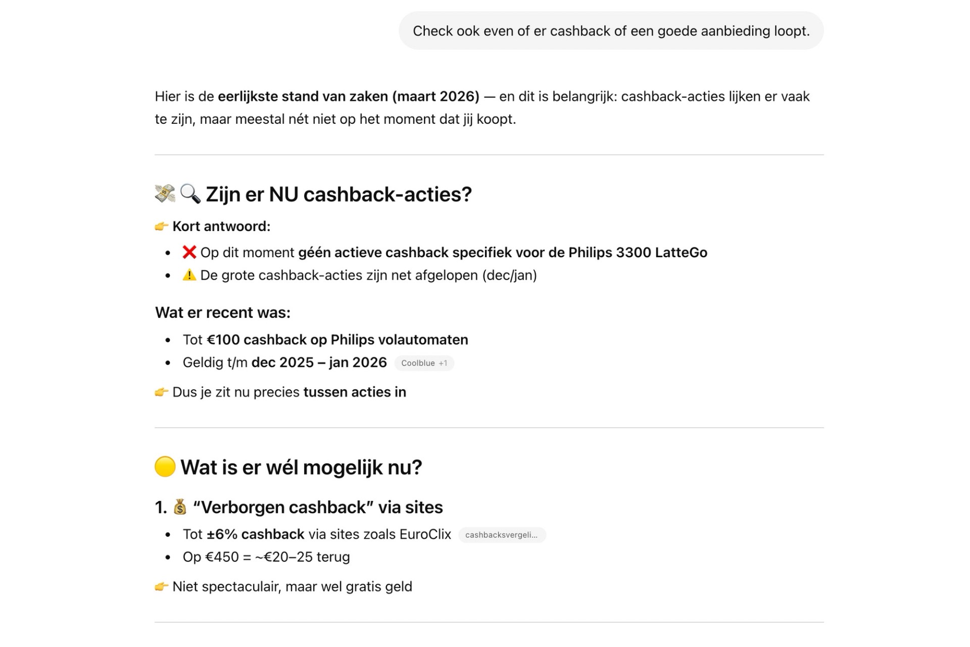 Screenshot of callout die laat zien dat ChatGPT na shortlist en prijs ook cashback en acties kan meenemen in het antwoord.