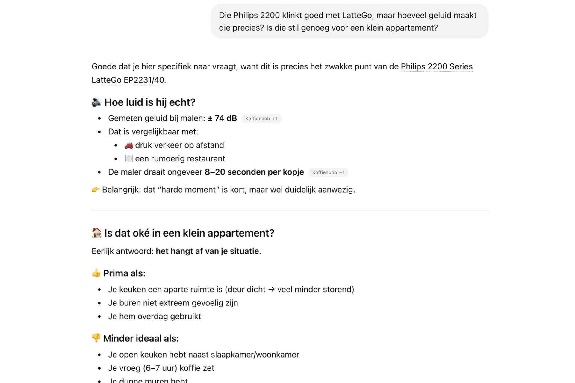 Screenshot van ChatGPT waarin een vraag over geluid en appartementsgeschiktheid leidt tot specifiekere review- en testinformatie over één model.