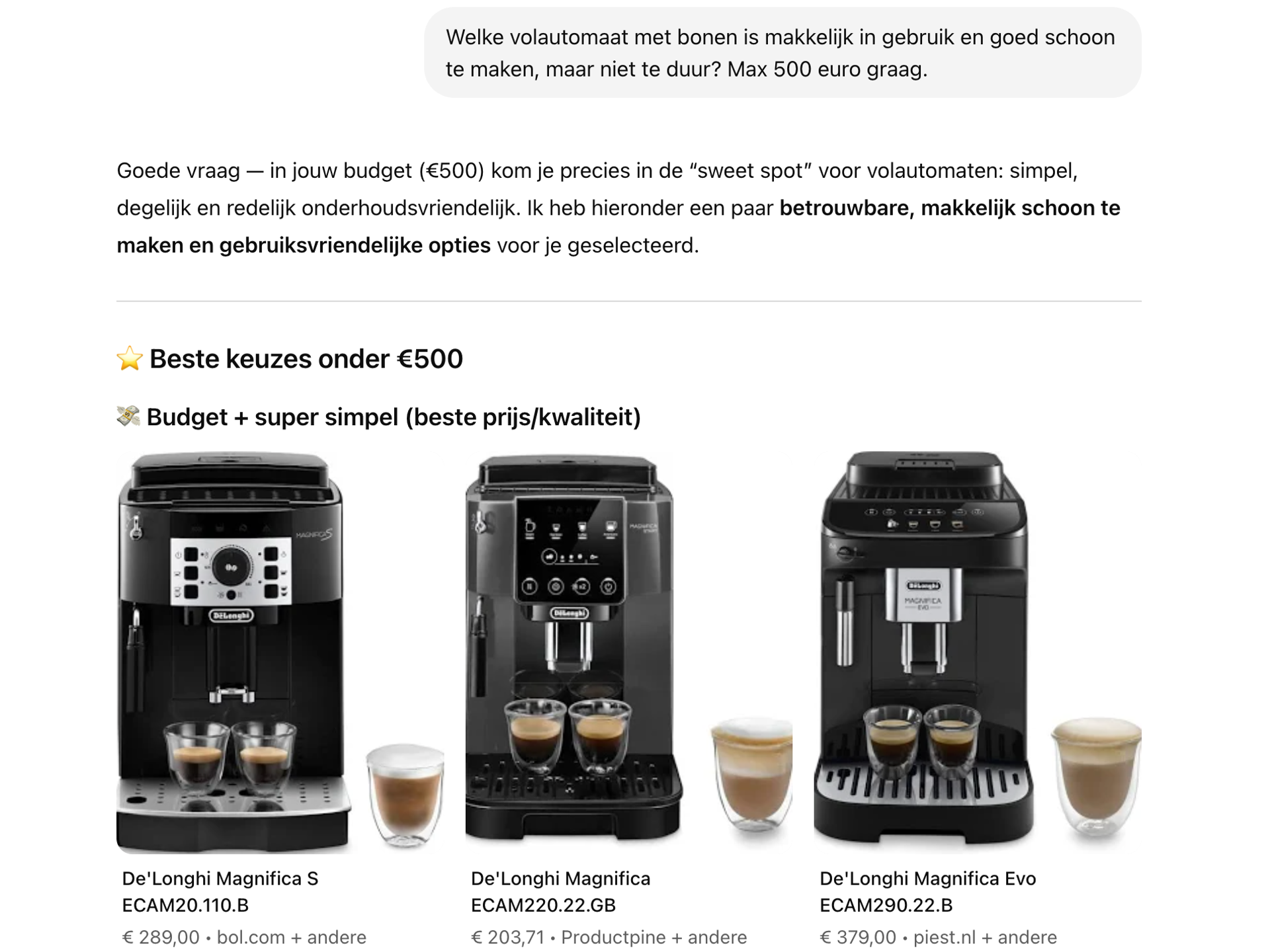 Screenshot van ChatGPT waarin een brede vraag over een volautomaat onder 500 euro direct leidt tot een eerste shortlist met drie modellen.