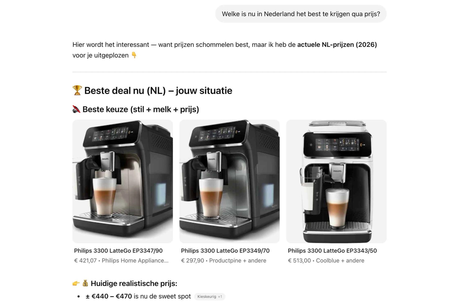 Screenshot van ChatGPT waarin shortlist-opties worden aangevuld met actuele Nederlandse prijsinformatie en verschillende aanbieders.