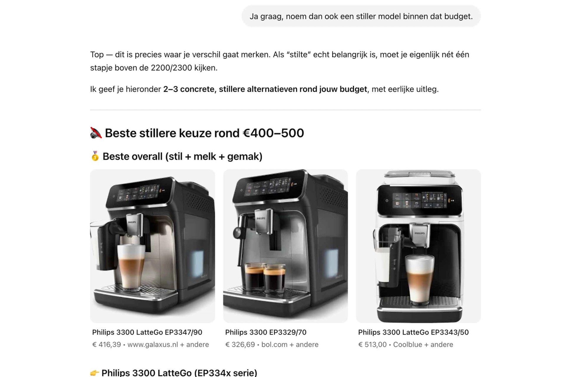 Screenshot van ChatGPT waarin een vraag om stillere alternatieven leidt tot een verschoven shortlist met nieuwe modellen.