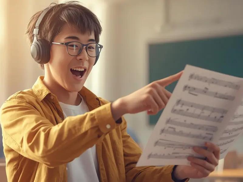 Young chorister learning a new song from sheet music with headphones on