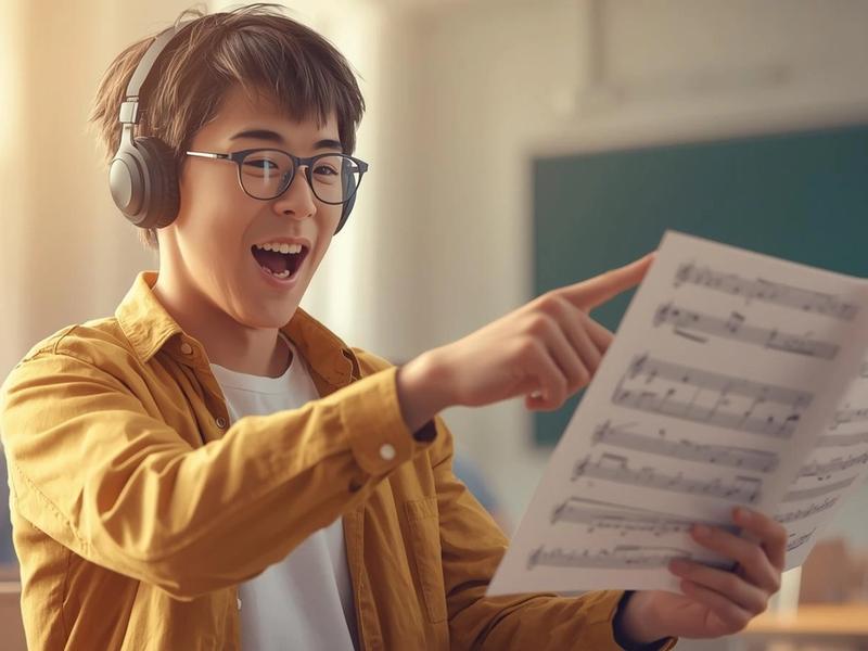 Young chorister learning a new song from sheet music with headphones on